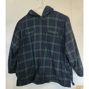 LL Bean Jacket Womens 3X Fleece Lined Shirt Hooded Button Up Green Plaid Shacket